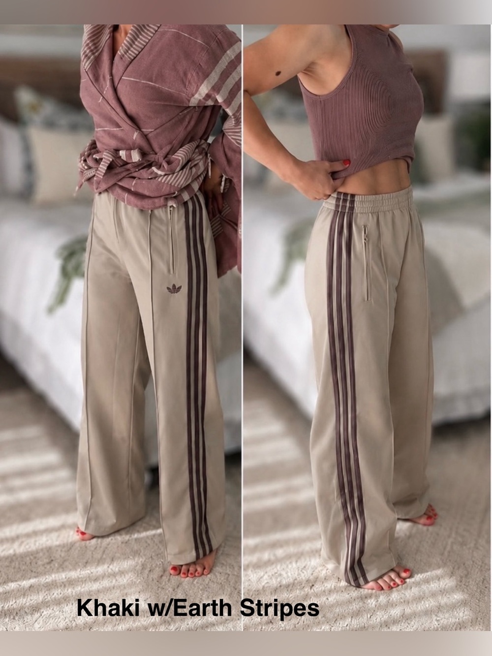 adidas Classic Firebird Women’s Loose Track Pants Khaki or Semi Lucid Red - Picture 3 of 16